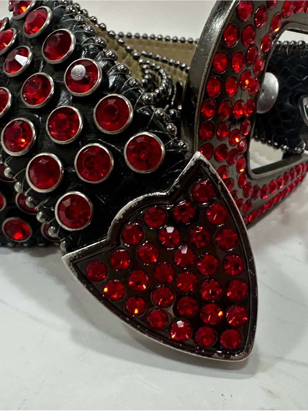 DNA red and black studded alligator statement belt